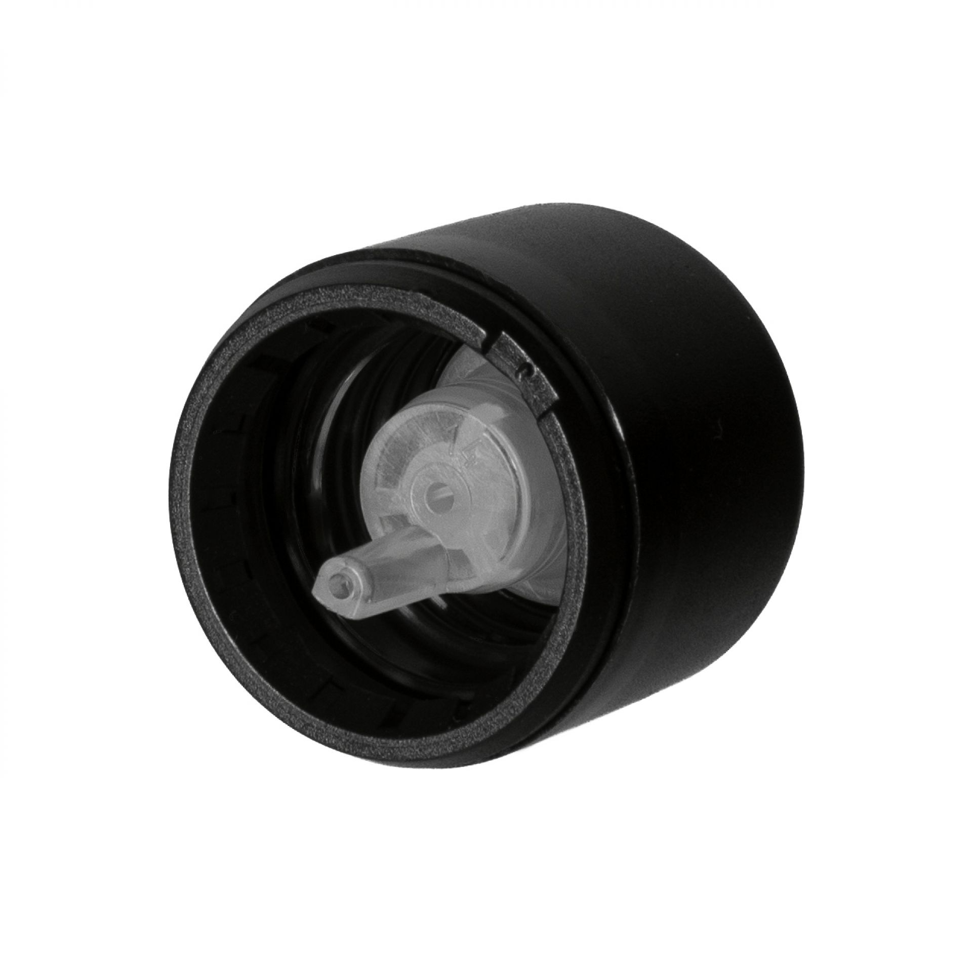 Dropper cap series IIID, DIN18, tamper-evident, PP, matt black with natural vertical dropper PELD 1.6 mm, type S-I