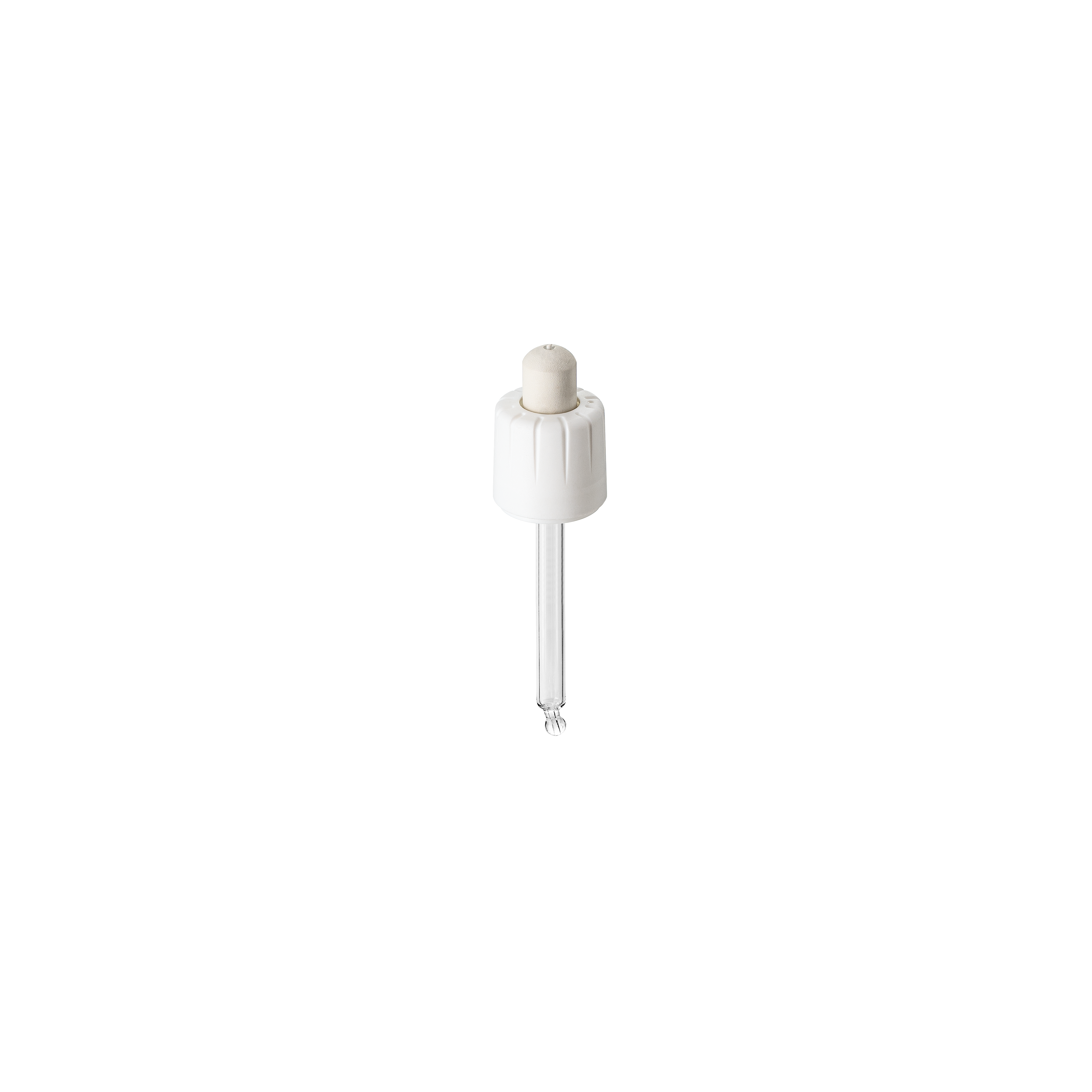 Child-resistant pipette series II, DIN18, tamper-evident, PP/PEHD, white, fine ribbed, white bulb NBR 0.7 ml, bent ball tip with 1.0 opening for Ginger 30 ml