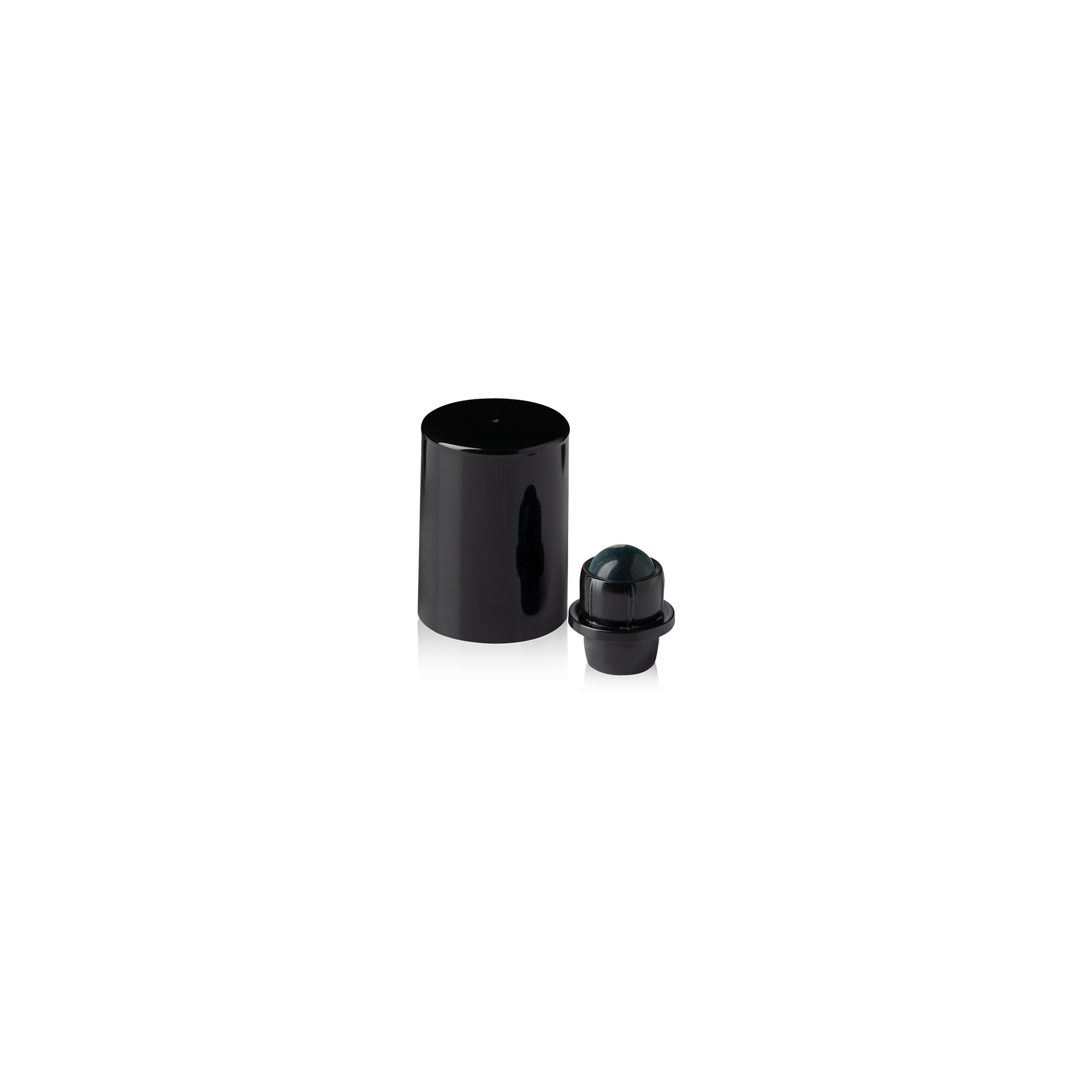 Roll-on cap DIN18, PP, black fitment, polished glass ball, black cap (dropper bottles)