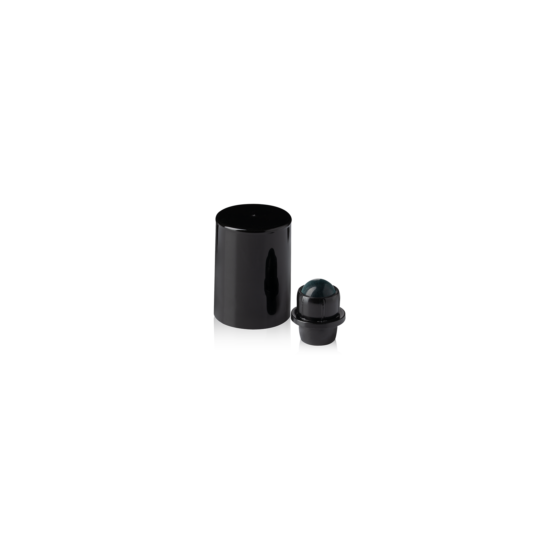Roll-on cap DIN18, PP, black fitment, polished glass ball, black cap (dropper bottles) Roll-on cap DIN18, PP, black fitment, polished glass ball, black cap (dropper bottles)
