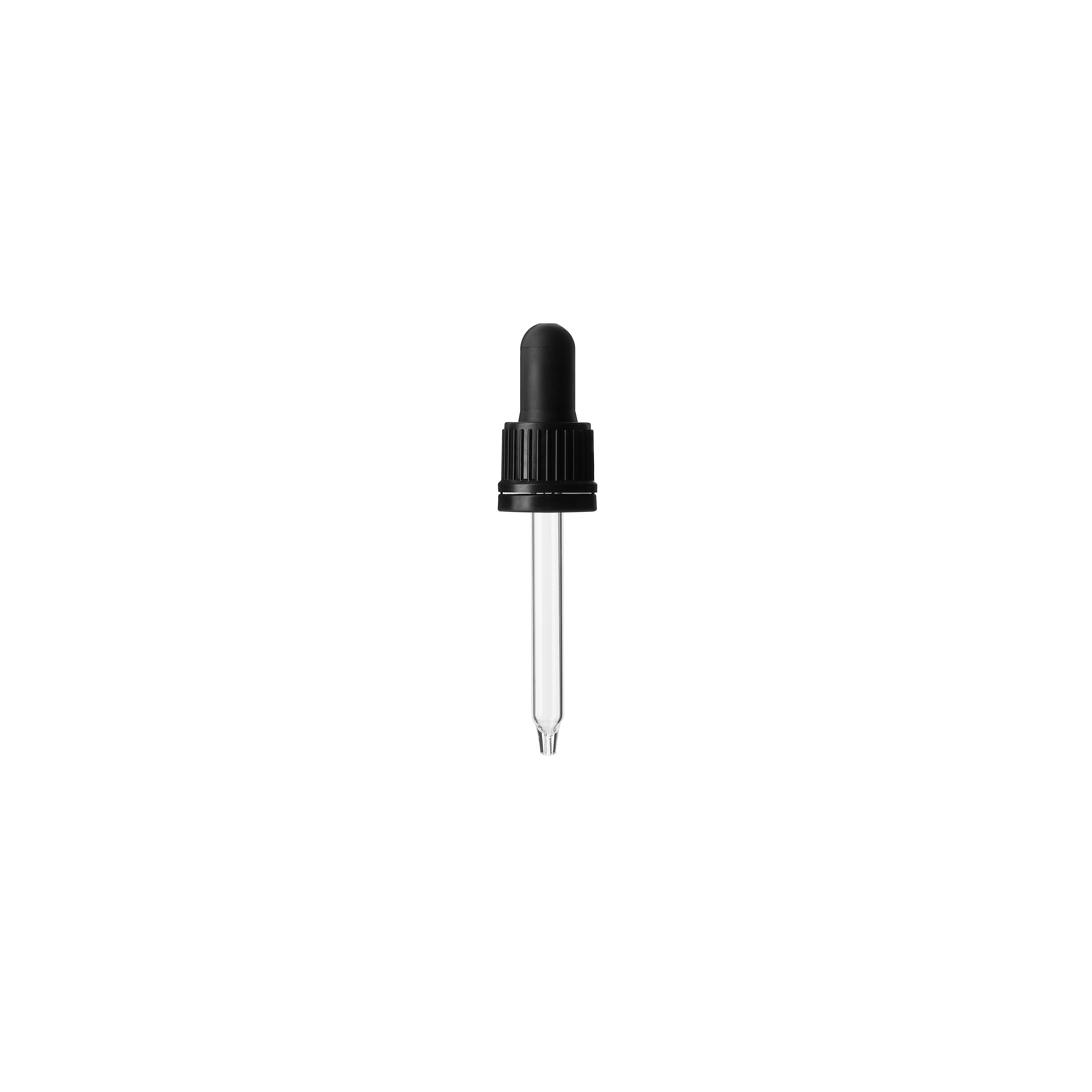 Child-resistant pipette series II, DIN18, tamper-evident, PP/PEHD, black, fine ribbed, black bulb TPE 1.0 ml, conical tip with 1.0 opening for Ginger 30 ml