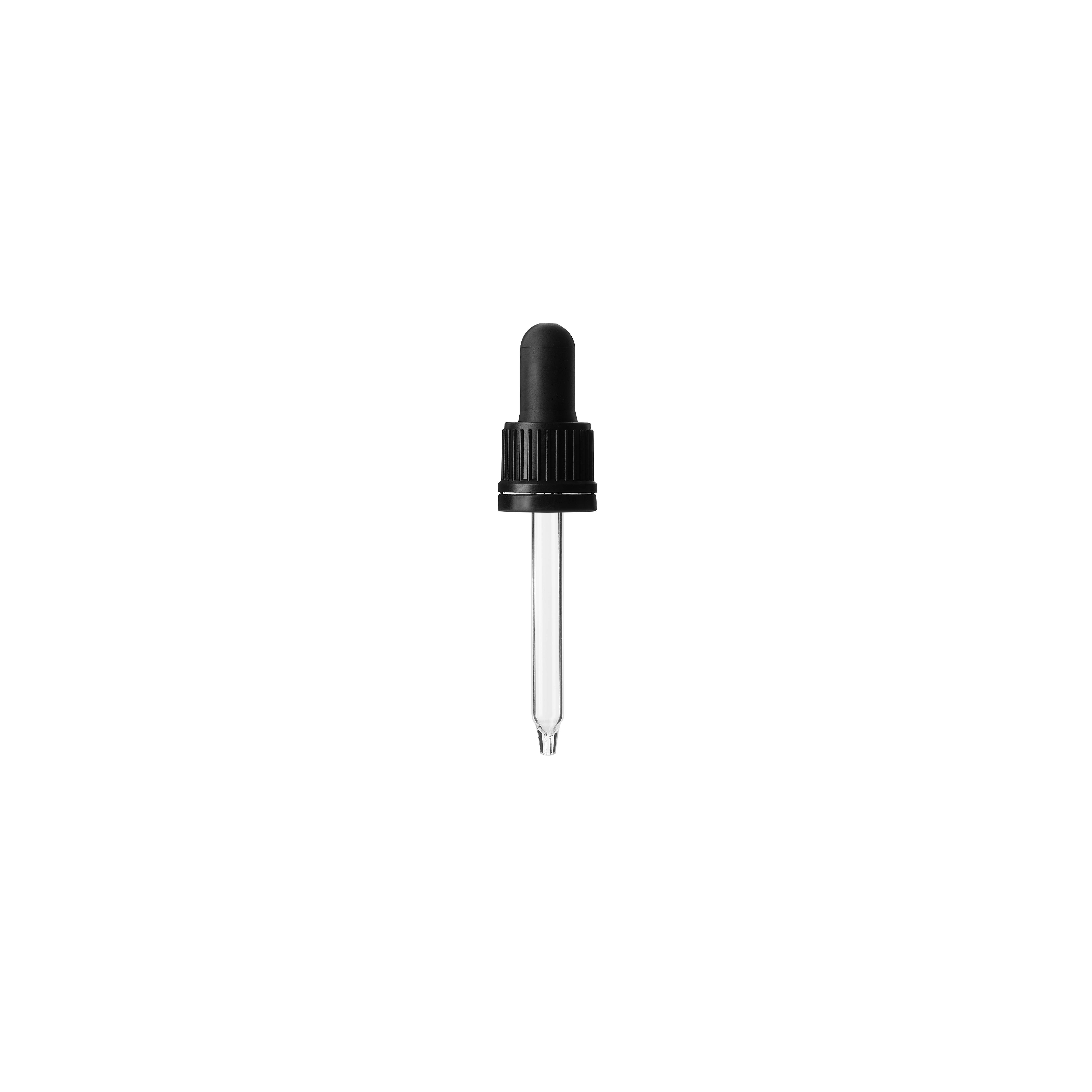 Child-resistant pipette series II, DIN18, tamper-evident, PP/PEHD, black, fine ribbed, black bulb TPE 1.0 ml, conical tip with 1.0 opening for Ginger 30 ml