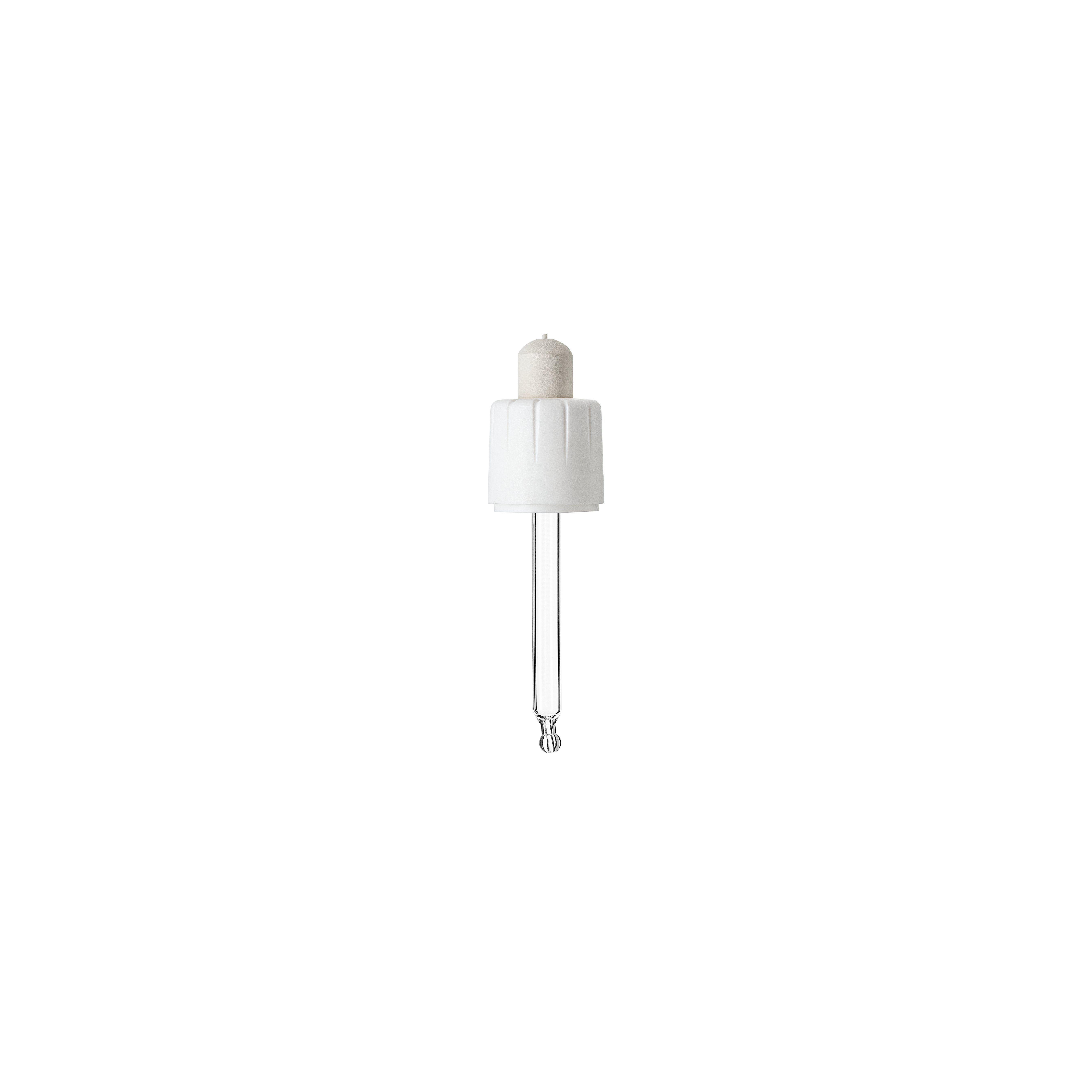 Child-resistant pipette series II, DIN18, tamper-evident, PP/PEHD, white, fine ribbed, white bulb NBR 0.7 ml, bent ball tip with 1.0 opening for Ginger 20 ml