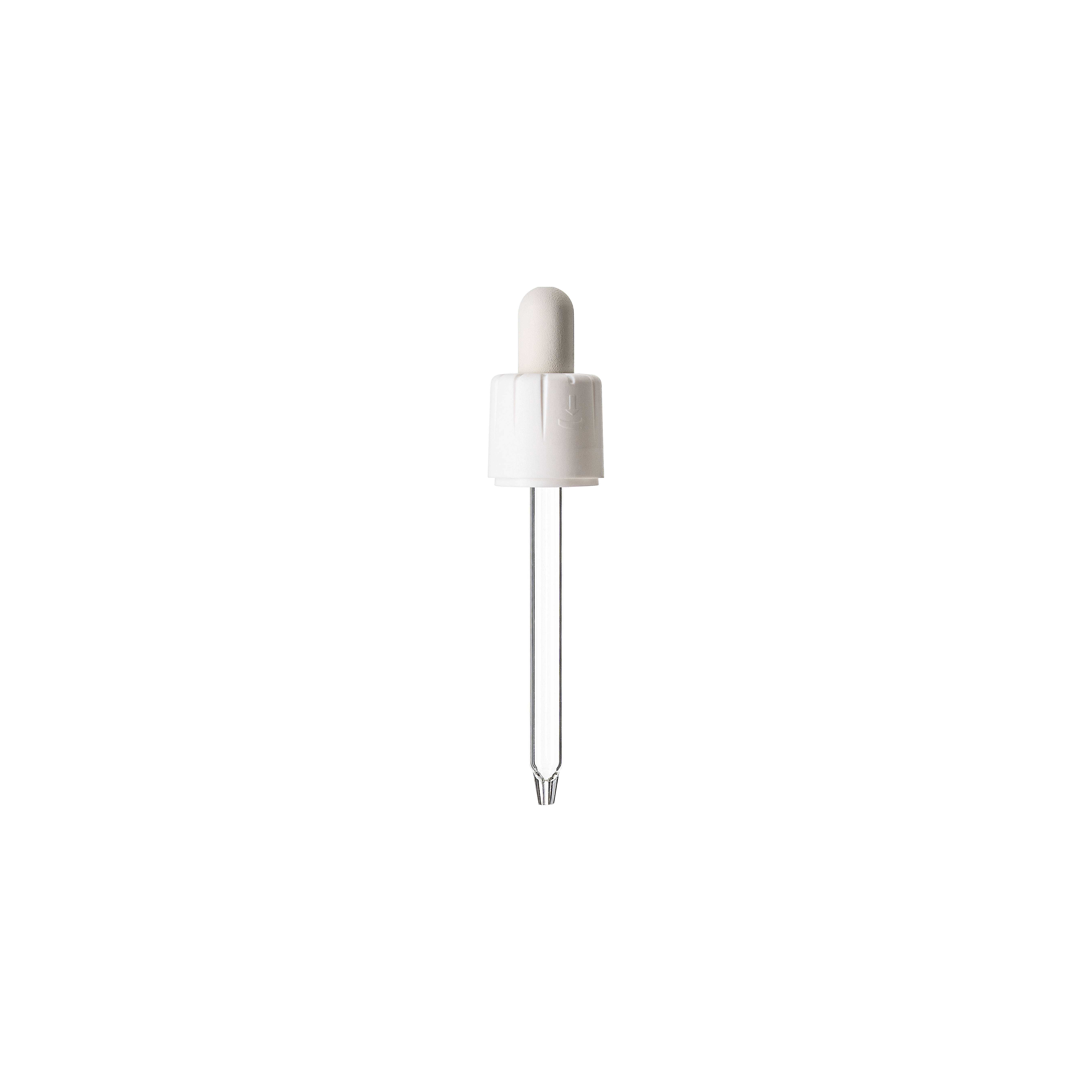 Child-resistant pipette series II, DIN18, tamper-evident, PP/PEHD, white, fine ribbed, white bulb NBR 1.0 ml, conical tip with 1.0 opening for Ginger 50 ml