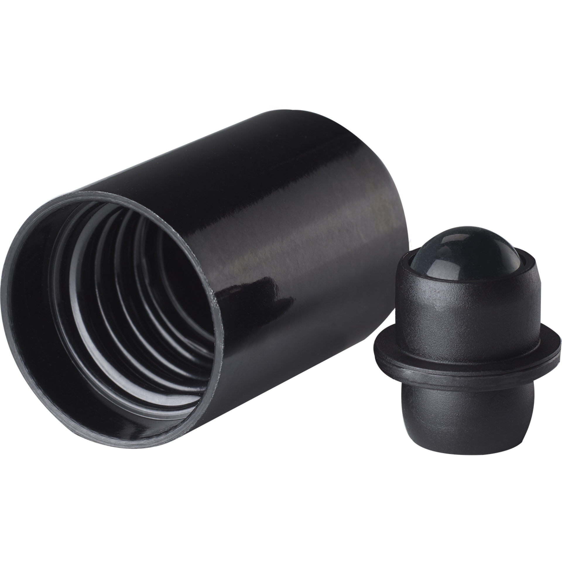 Roll-on cap DIN18, PP, black fitment with polished glass ball, black cap for dropper bottles