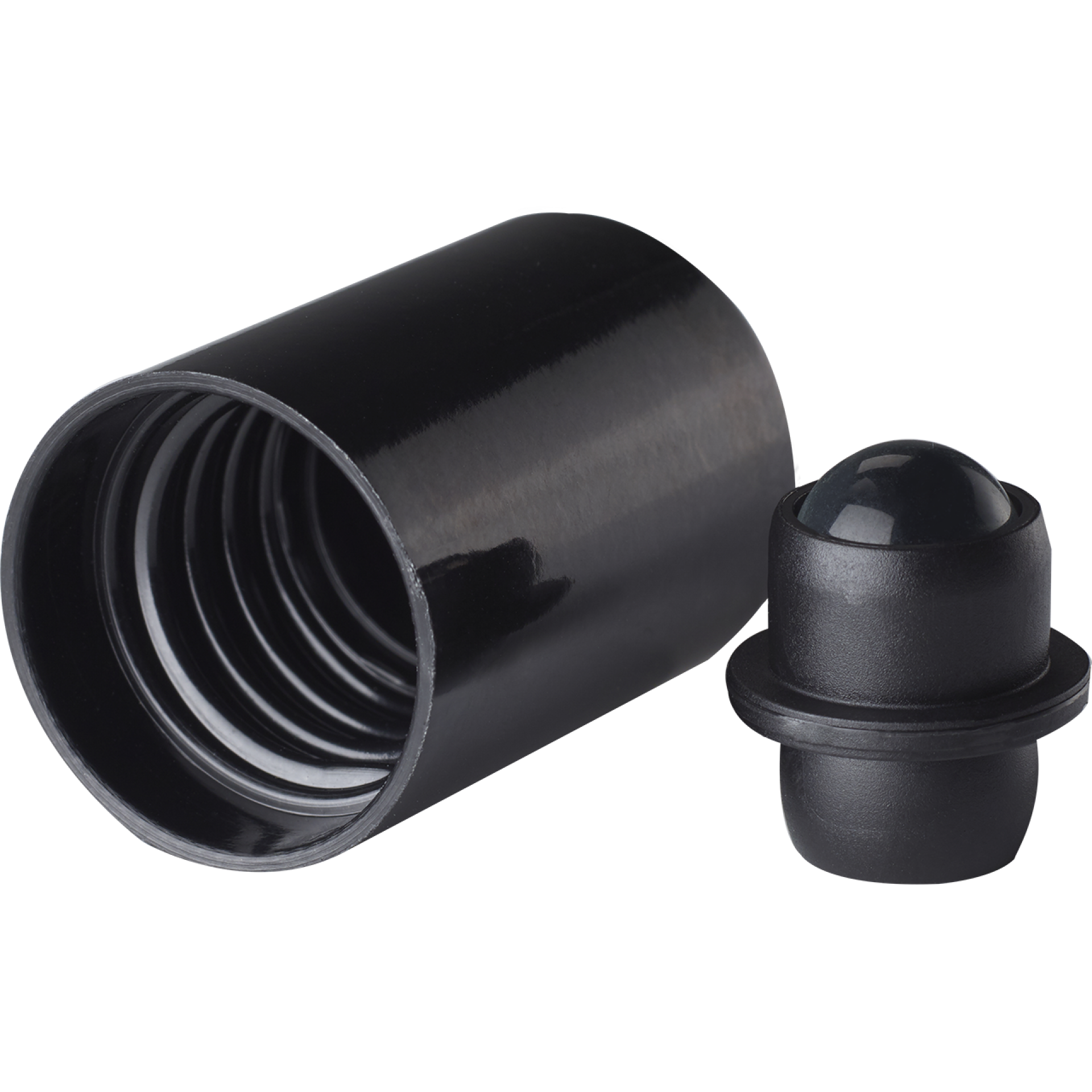 Roll-on cap DIN18, PP, black fitment with polished glass ball, black cap for dropper bottles