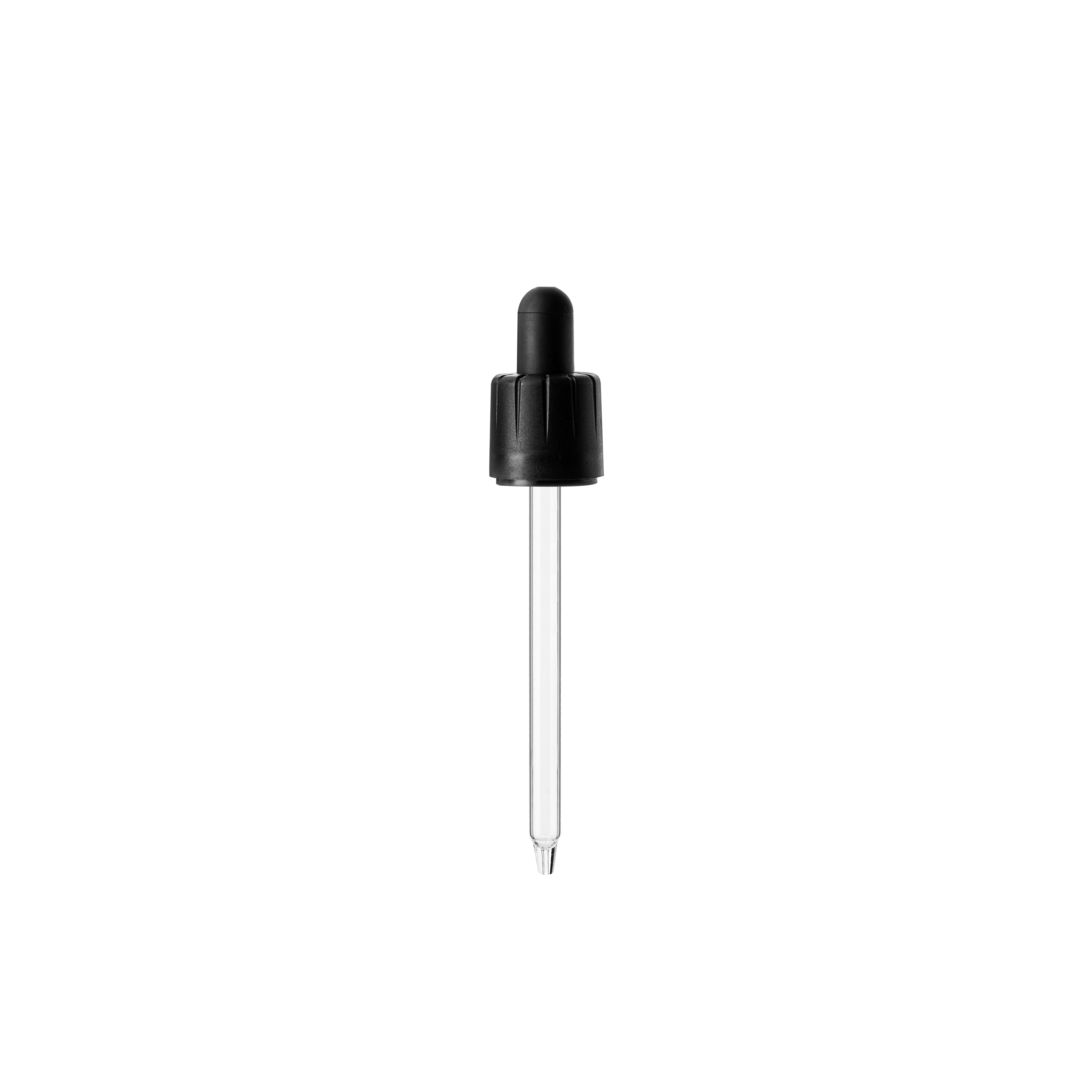 Child-resistant pipette series II, DIN18, tamper-evident, PP/PEHD, black, fine ribbed, black bulb TPE 1.0 ml, conical tip with 1.0 opening for Ginger 100 ml