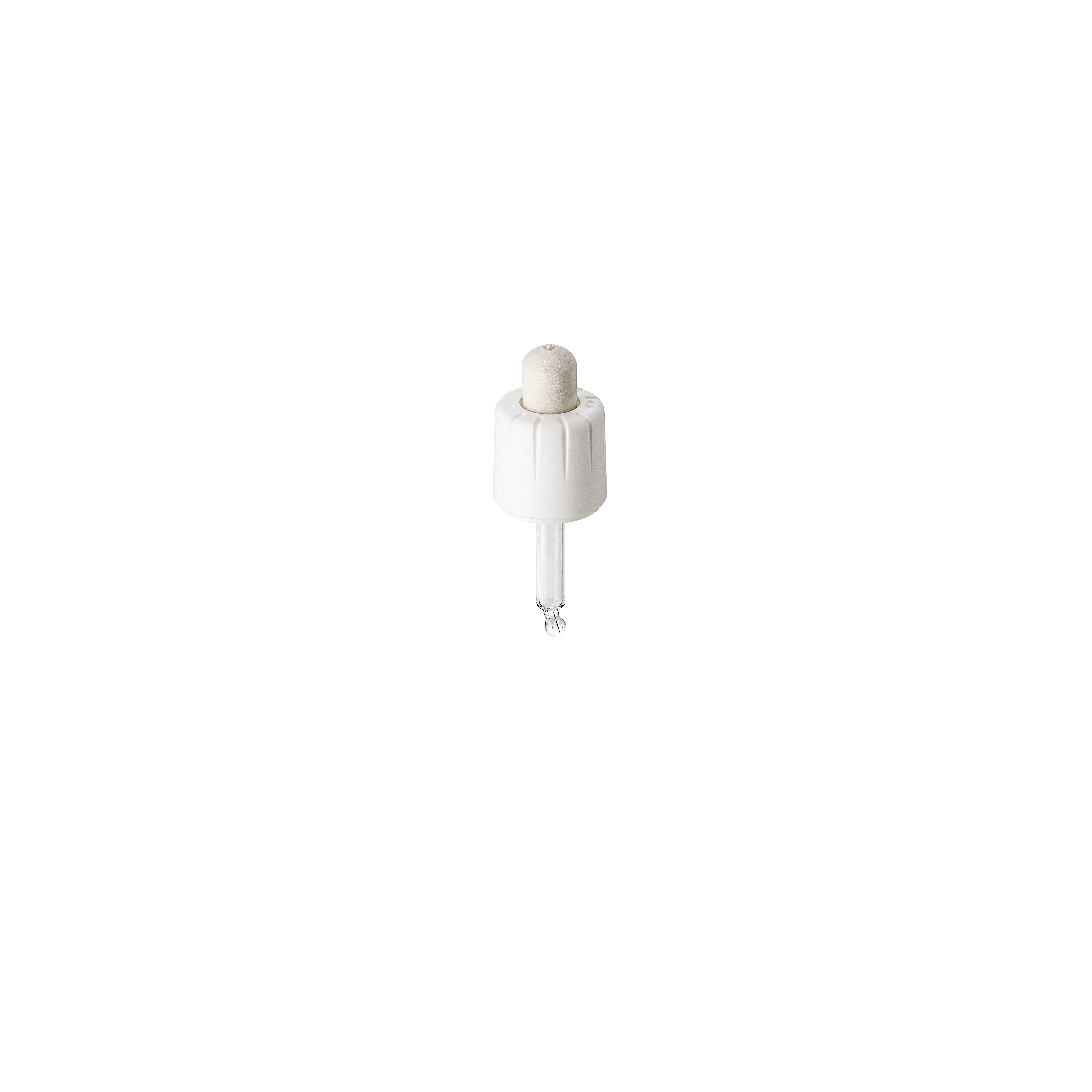 Child-resistant pipette series II, DIN18, tamper-evident, PP/PEHD, white, fine ribbed, white bulb NBR 0.7 ml, bent ball tip with 1.0 opening for Ginger 5 ml