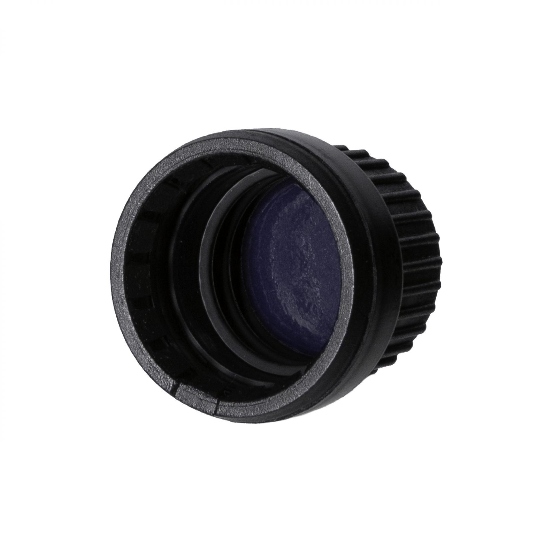 Screw cap series III, DIN18, tamper-evident, PP, black matt, ribbed with violet Phan inlay for dropper bottles