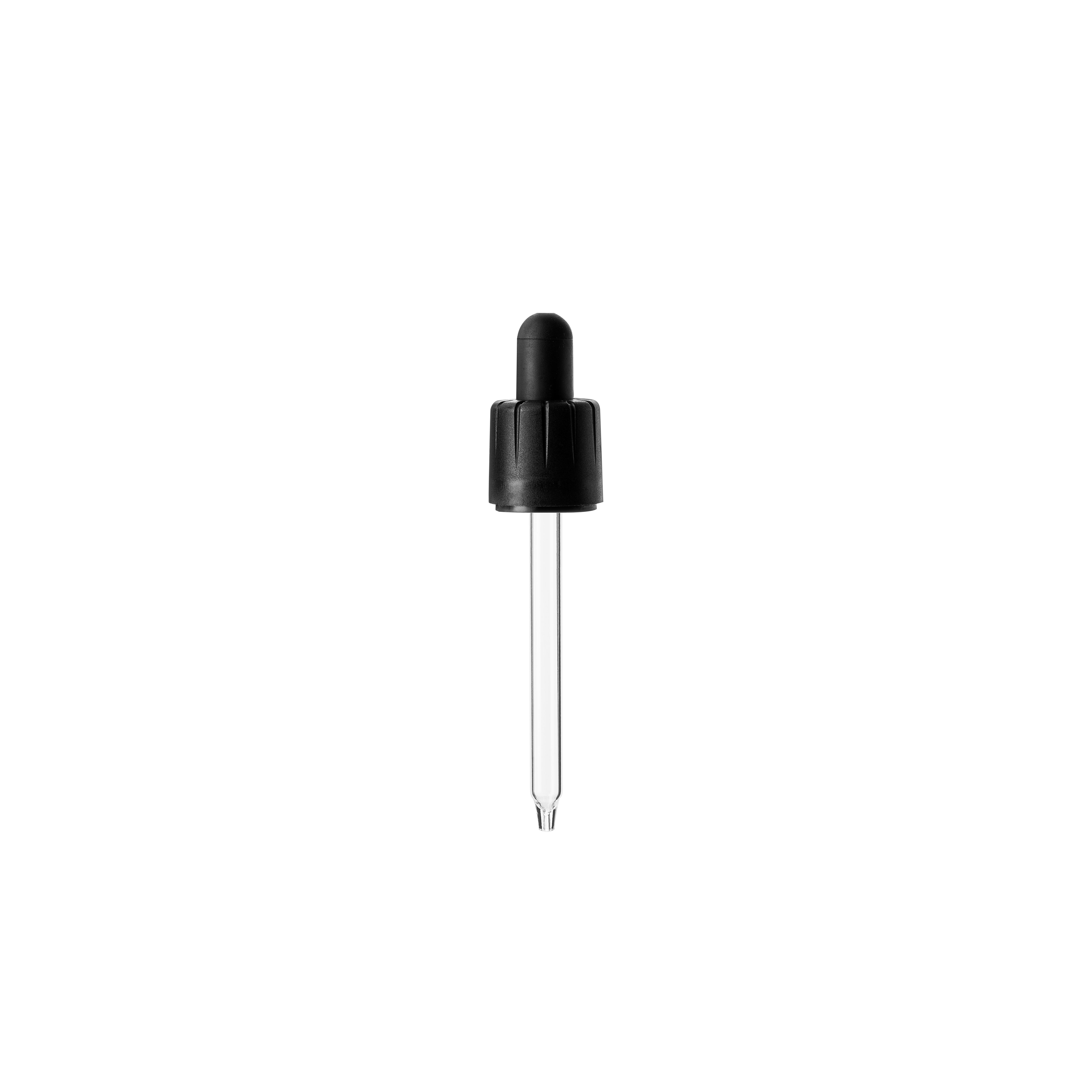 Child-resistant pipette series II, DIN18, tamper-evident, PP/PEHD, black, fine ribbed, black bulb TPE 1.0 ml, conical tip with 1.0 opening for Ginger 50 ml