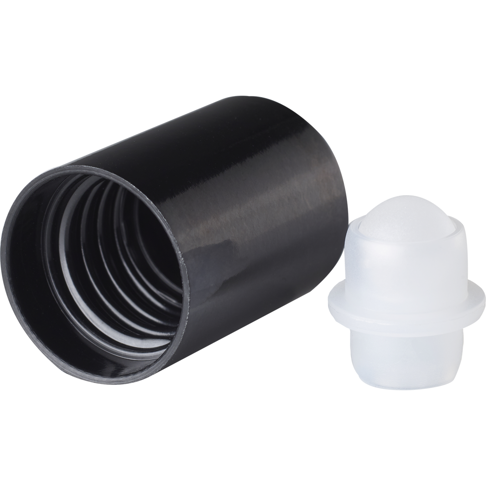 Roll-on cap DIN18, PP, black, natural fitment with white matt plastic ball, black cap for dropper bottles