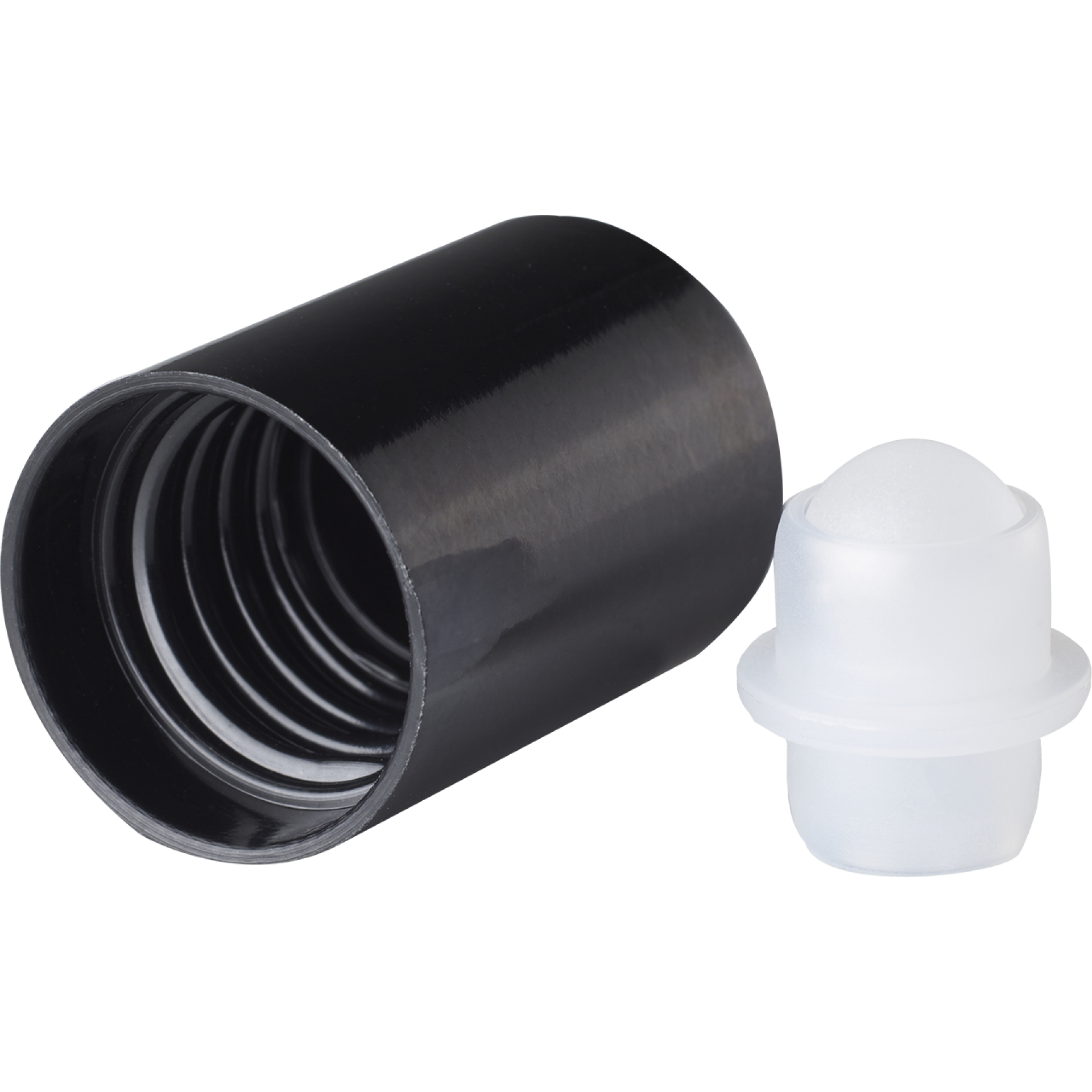 Roll-on cap DIN18, PP, natural fitment, white matte plastic ball, black cap (dropper bottles) Roll-on cap DIN18, PP, natural fitment, white matte plastic ball, black cap (dropper bottles)