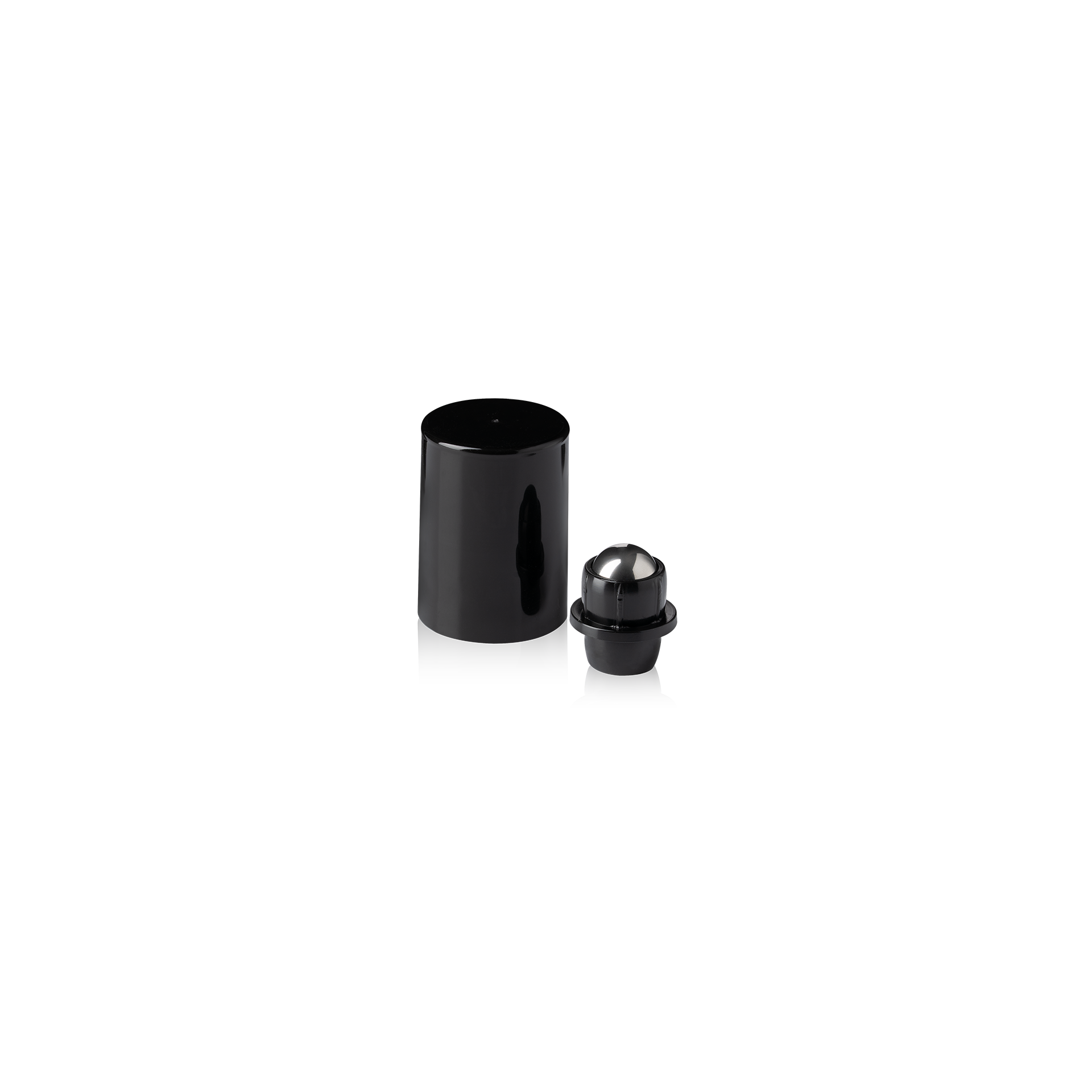 Roll-on cap DIN18, PP, black fitment, stainless steel ball, black cap (dropper bottles)