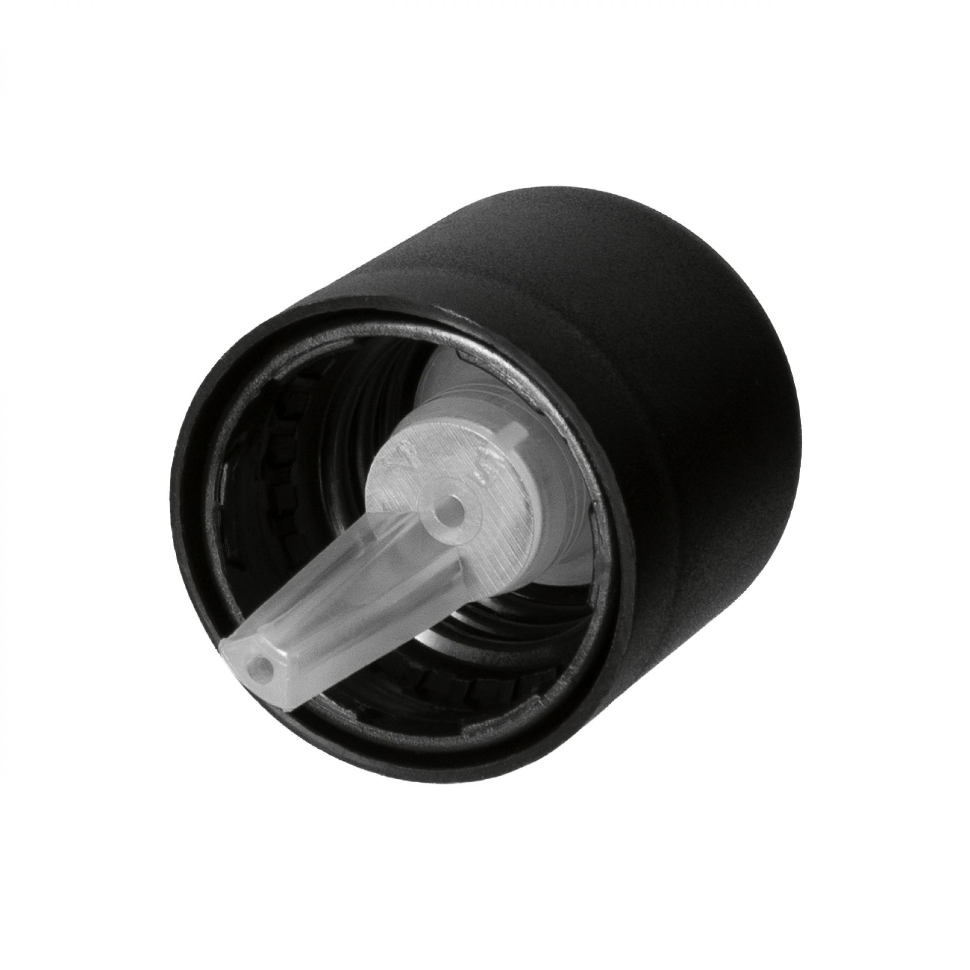 Child-resistant dropper cap series II, DIN18, tamper-evident, PP, black matt, pictorial with natural vertical dropper 1.6 mm, type S-II