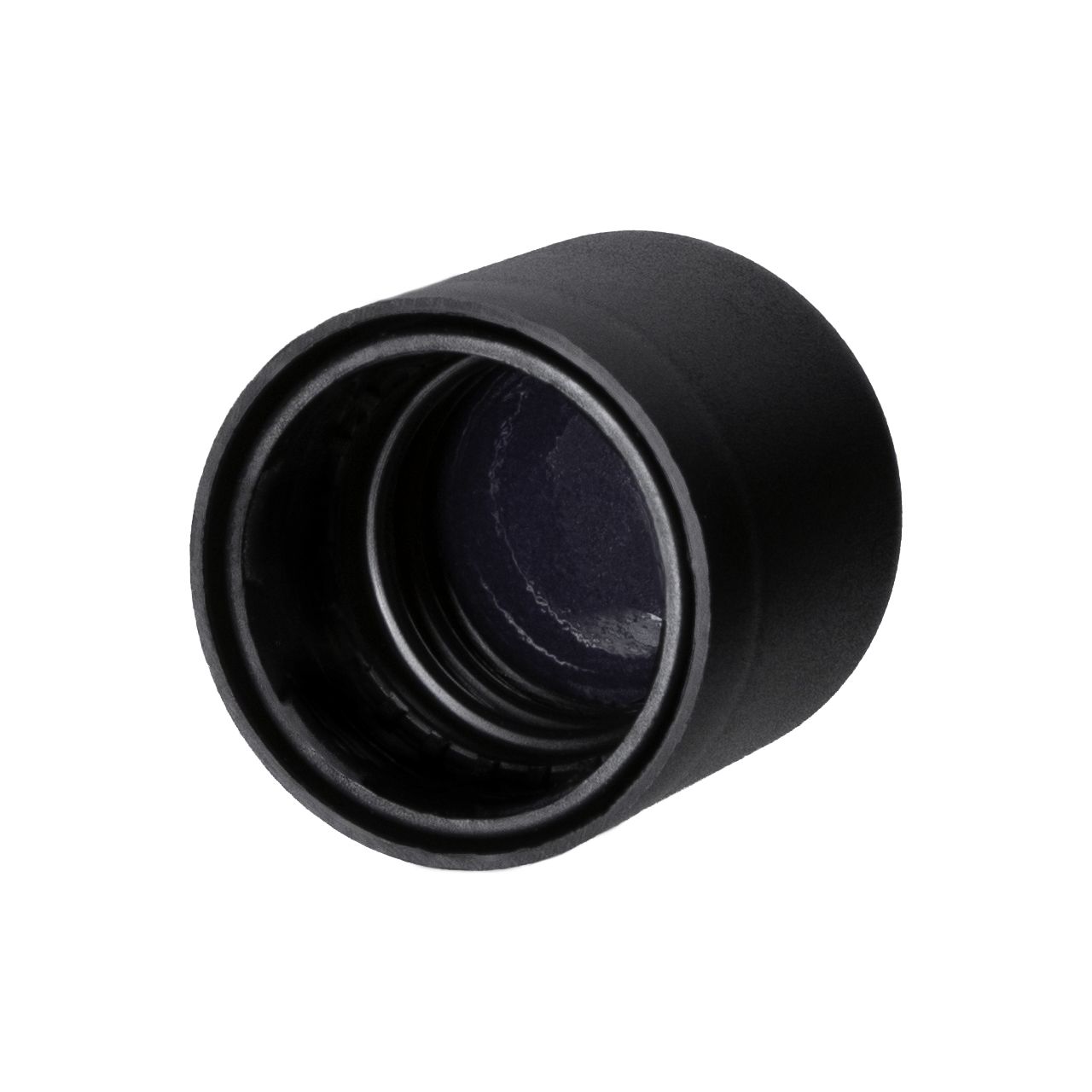 Child-resistant screw cap series II, DIN18, tamper-evident, PP, black matt, pictorial with violet Phan inlay