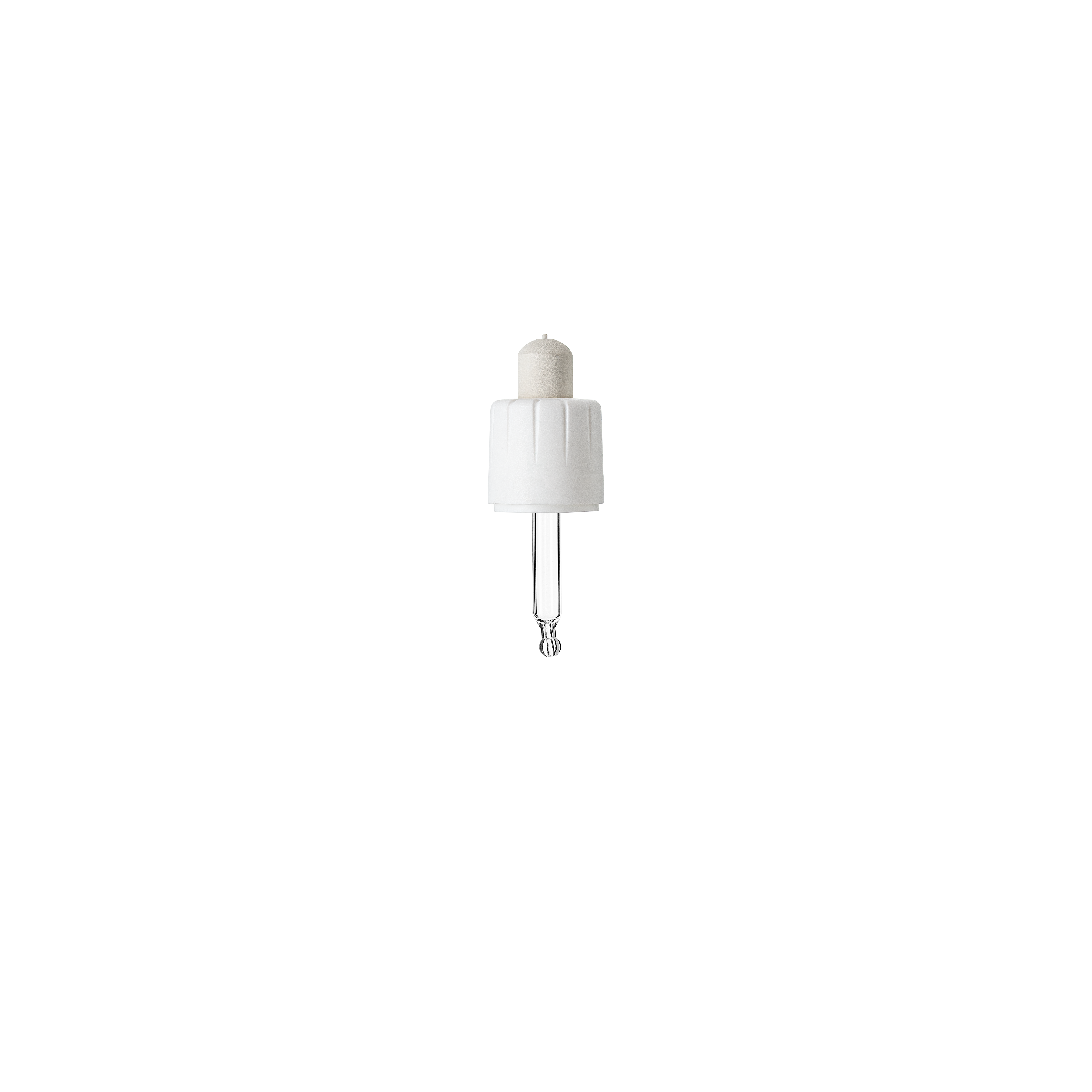 Child-resistant pipette series II, DIN18, tamper-evident, PP/PEHD, white, fine ribbed, white bulb NBR 0.7 ml, bent ball tip with 1.0 opening for Ginger 5 ml