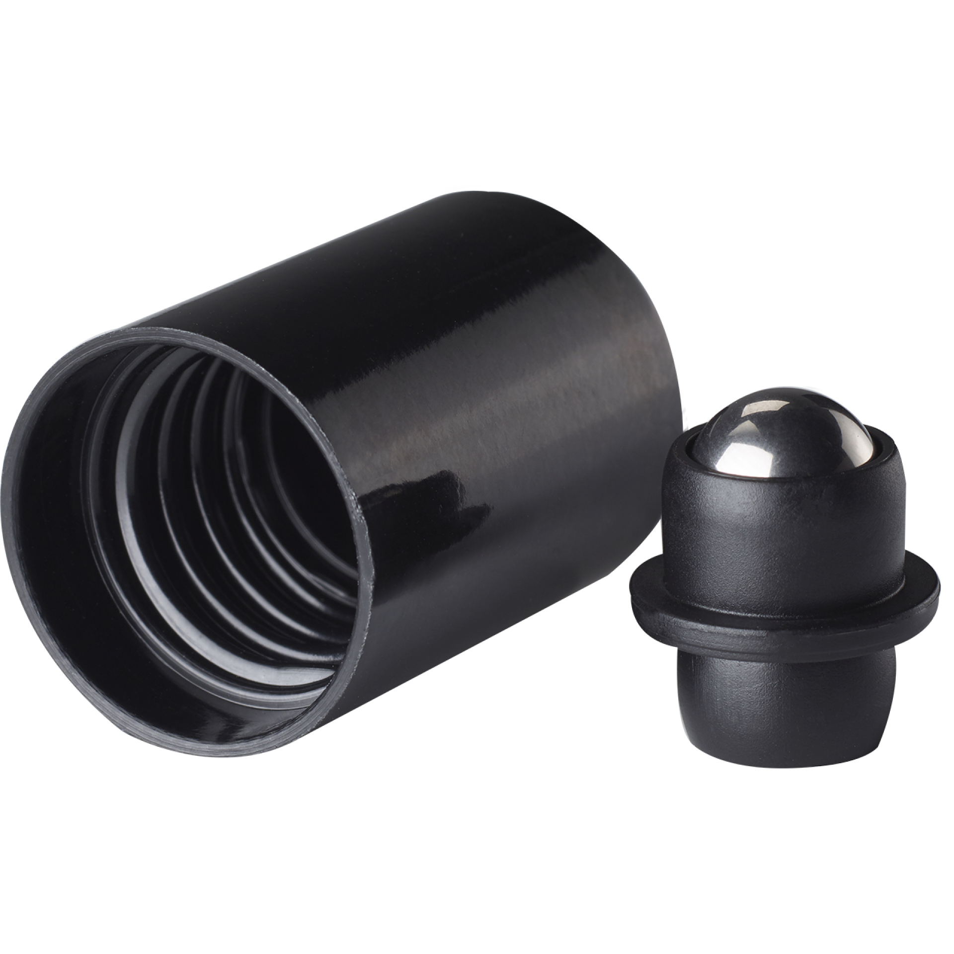 Roll-on cap DIN18, PP, black fitment with stainless steel ball, black cap for dropper bottles