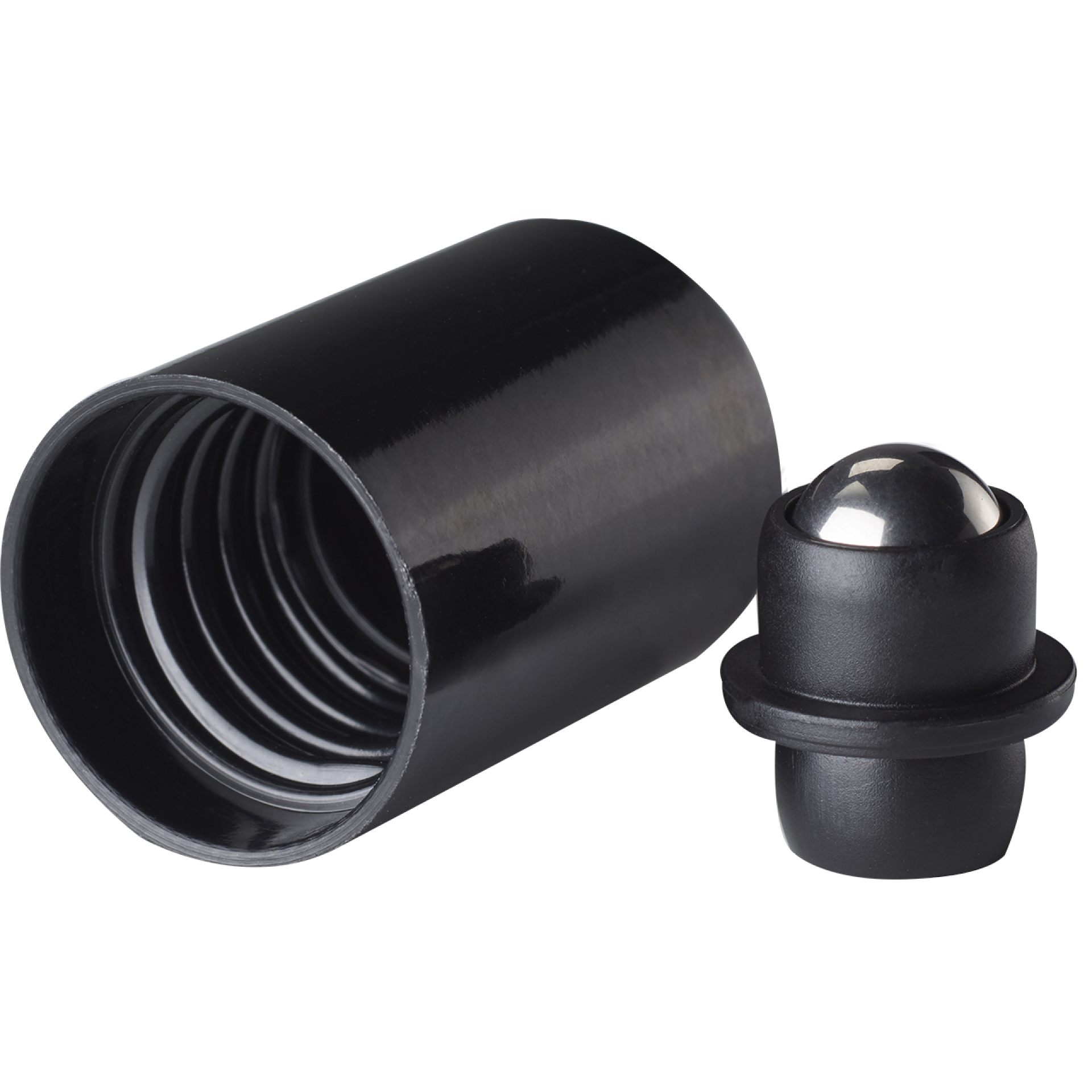 Roll-on cap DIN18, PP, black fitment, stainless steel ball, black cap (dropper bottles) Roll-on cap DIN18, PP, black fitment, stainless steel ball, black cap (dropper bottles)