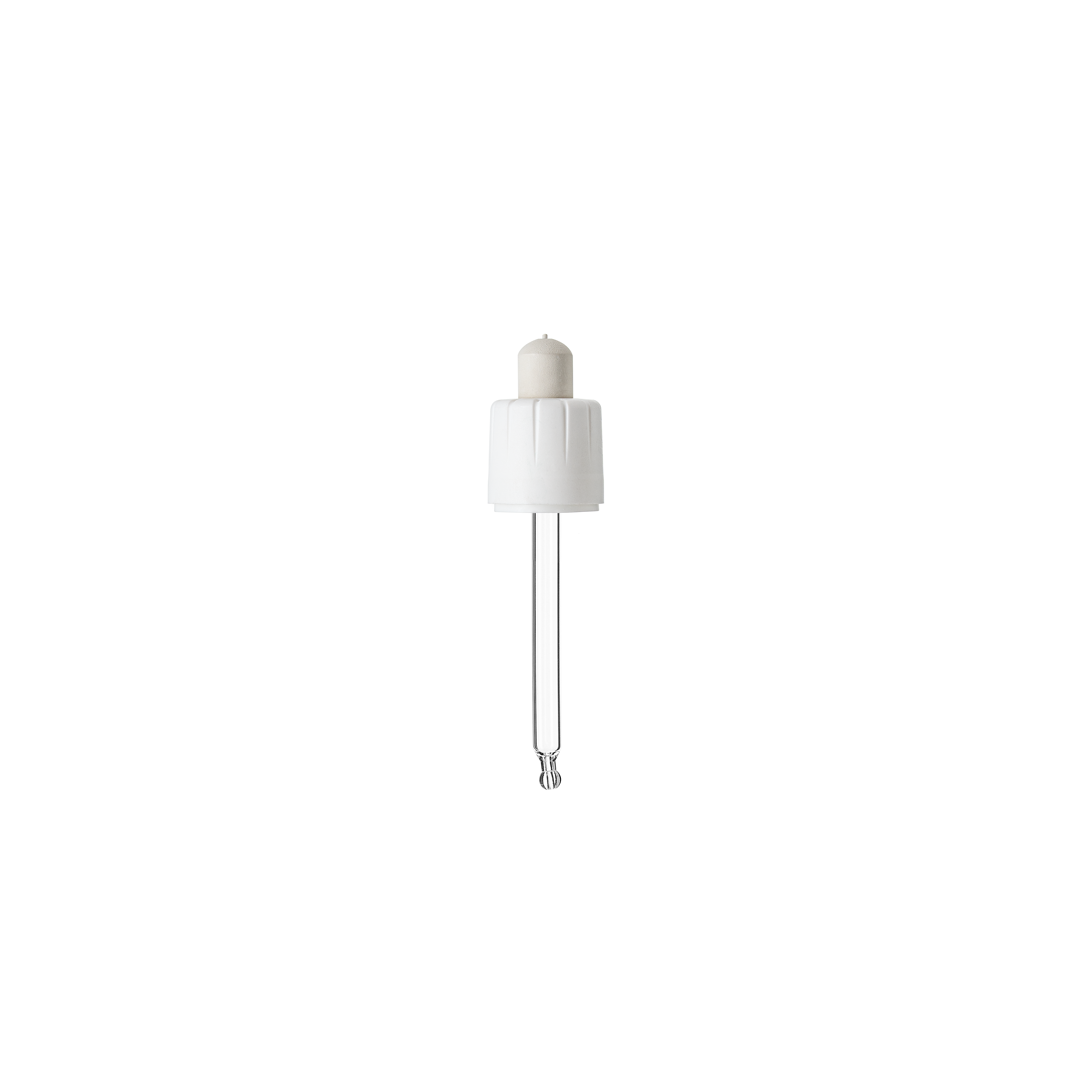 Child-resistant pipette series II, DIN18, tamper-evident, PP/PEHD, white, fine ribbed, white bulb NBR 0.7 ml, bent ball tip with 1.0 opening for Ginger 30 ml