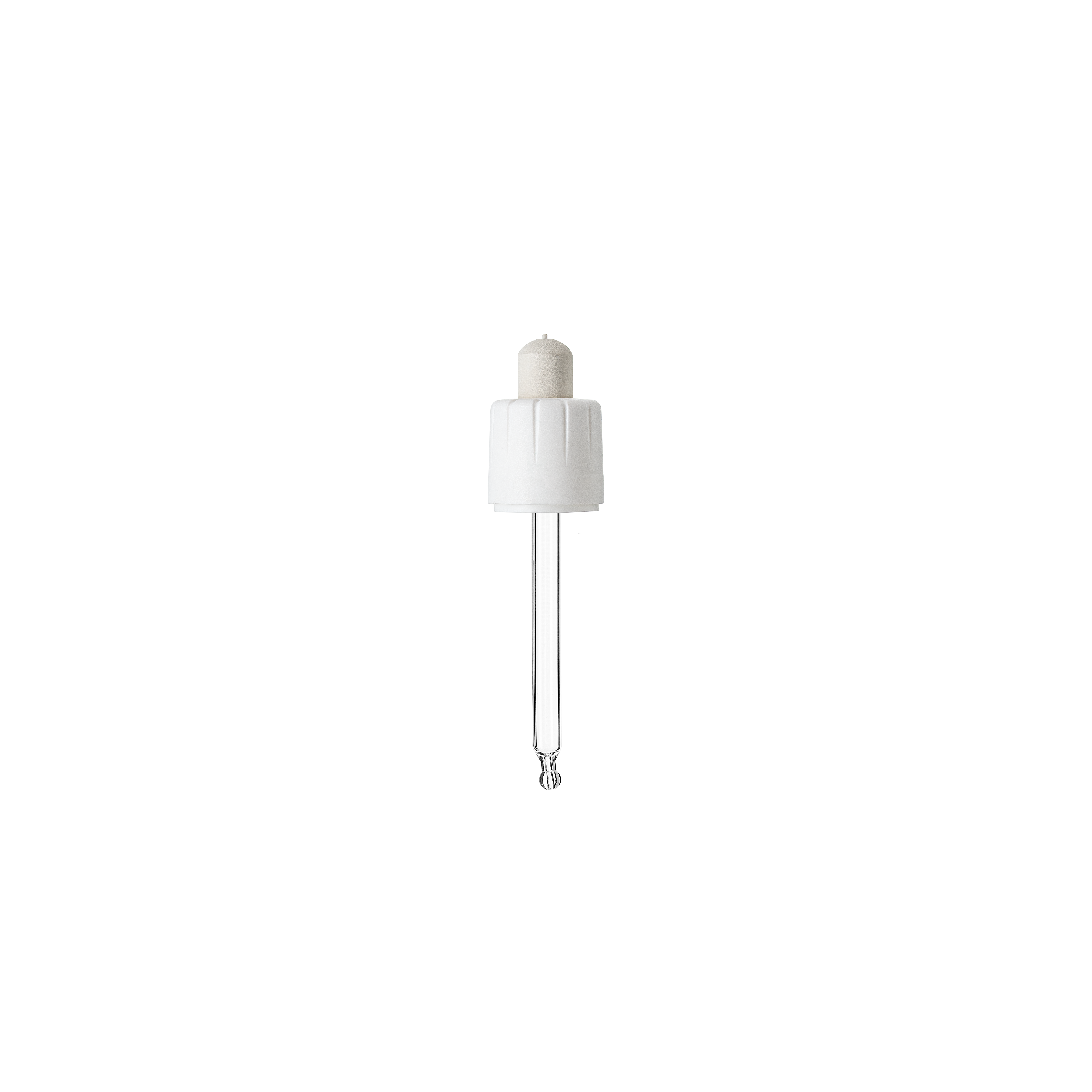 Child-resistant pipette series II, DIN18, tamper-evident, PP/PEHD, white, fine ribbed, white bulb NBR 0.7 ml, bent ball tip with 1.0 opening for Ginger 30 ml