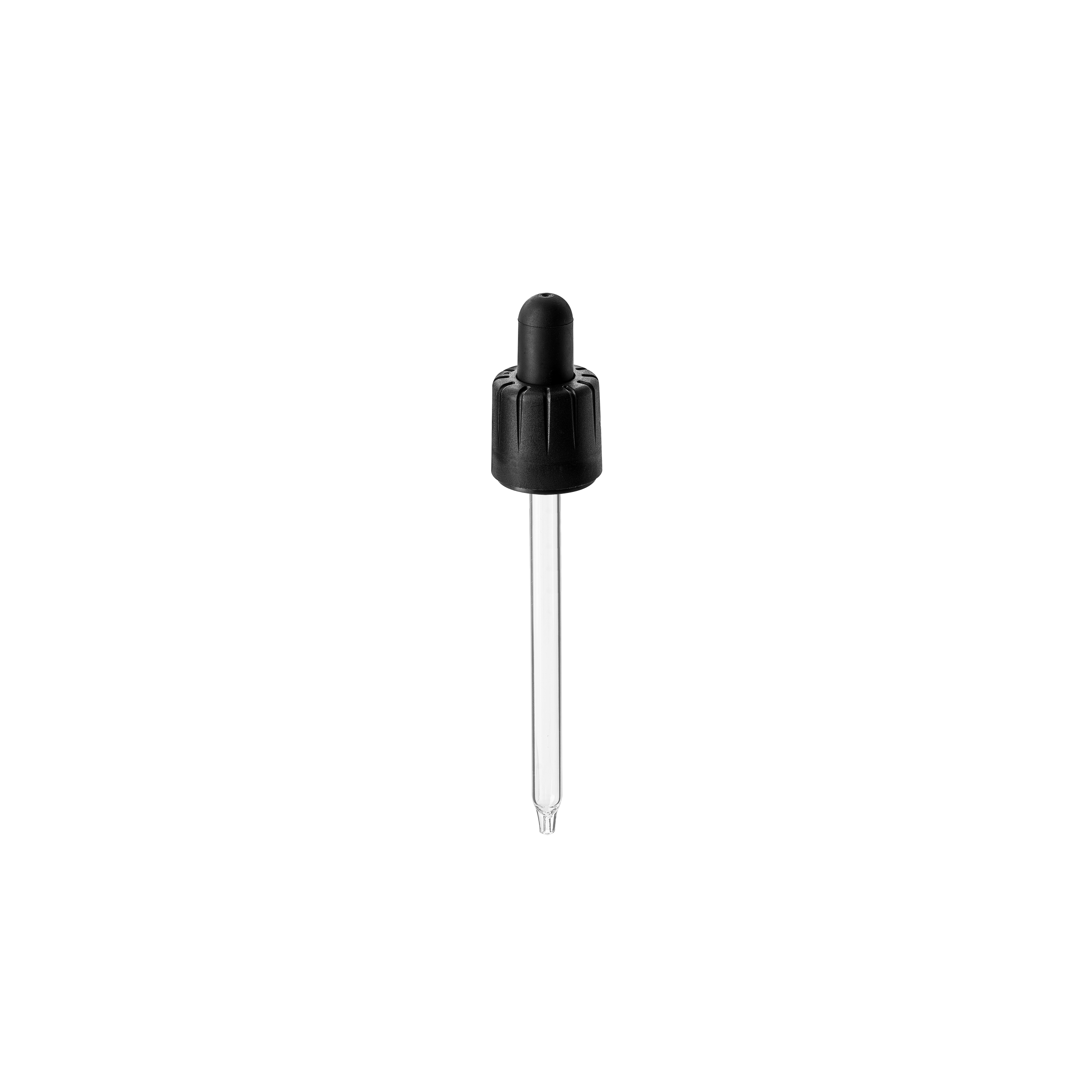 Child-resistant pipette series II, DIN18, tamper-evident, PP/PEHD, black, fine ribbed, black bulb TPE 1.0 ml, conical tip with 1.0 opening for Ginger 100 ml