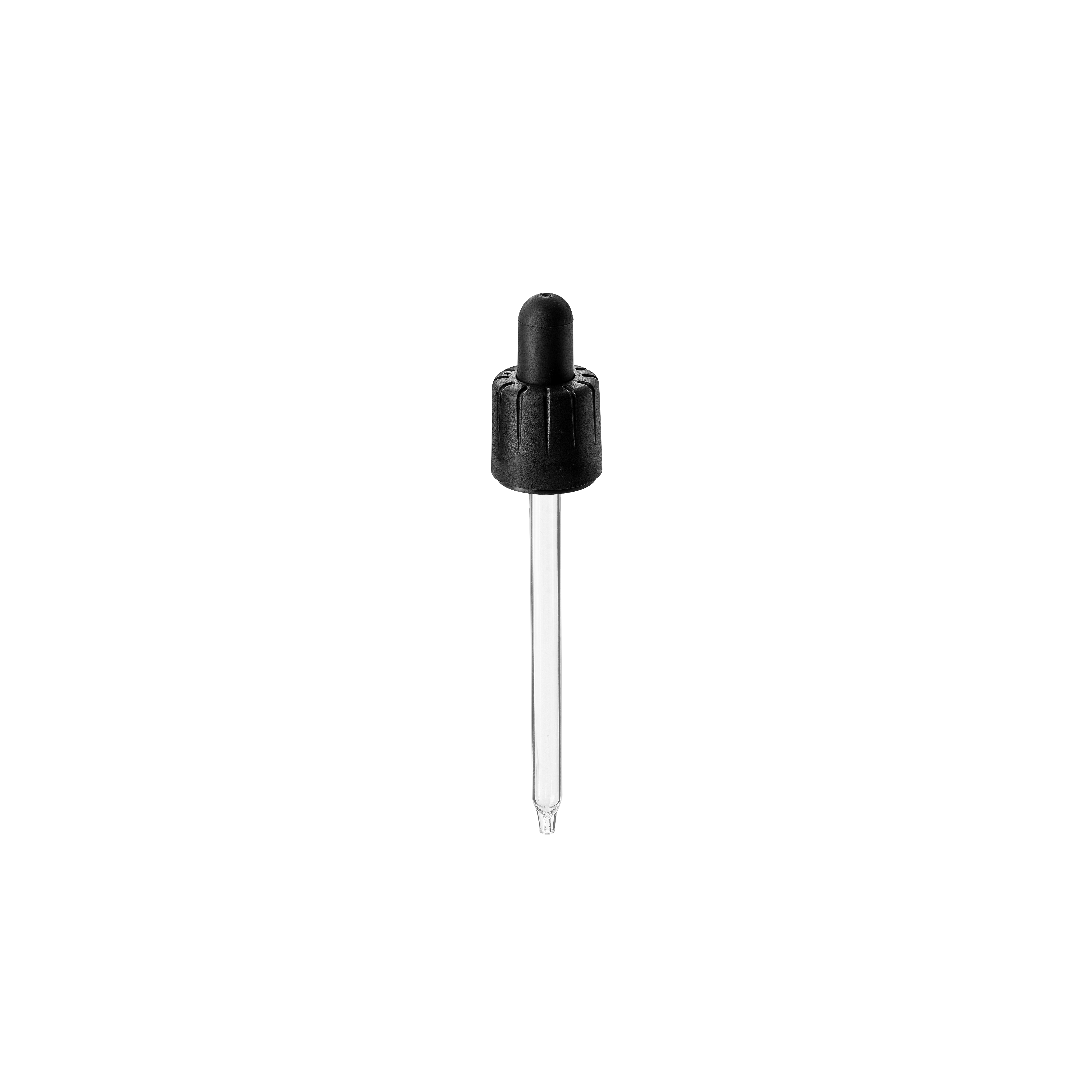 Child-resistant pipette series II, DIN18, tamper-evident, PP/PEHD, black, fine ribbed, black bulb TPE 1.0 ml, conical tip with 1.0 opening for Ginger 100 ml