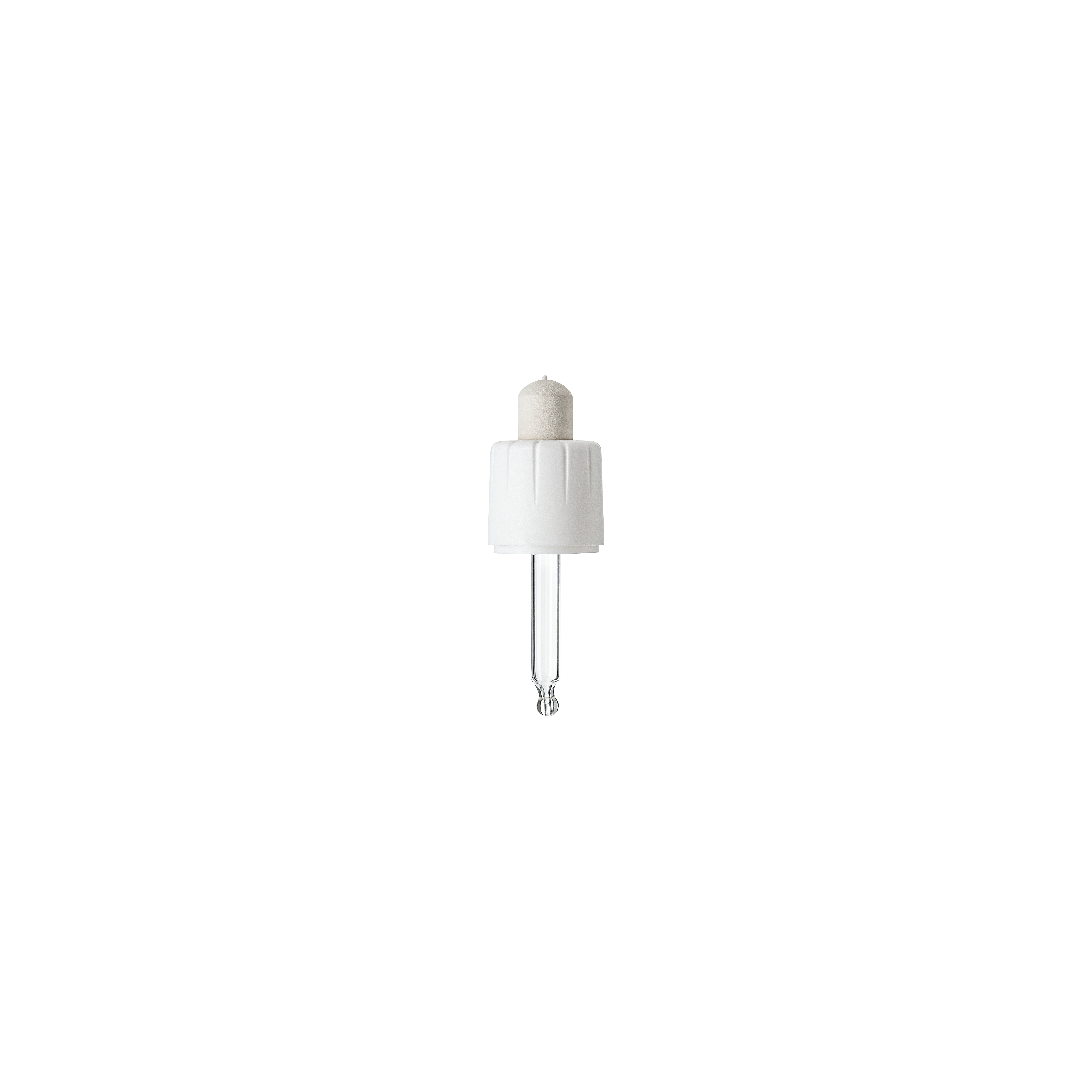 Child-resistant pipette series II, DIN18, tamper-evident, PP/PEHD, white, fine ribbed, white bulb NBR 0.7 ml, bent ball tip with 1.0 opening for Ginger 10 ml