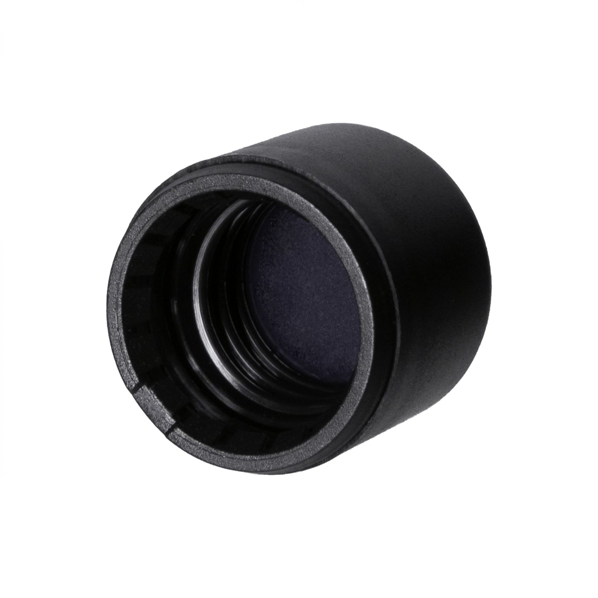 Screw cap series IIID, DIN18, tamper-evident, PP, black matt with violet Phan inlay for dropper bottles