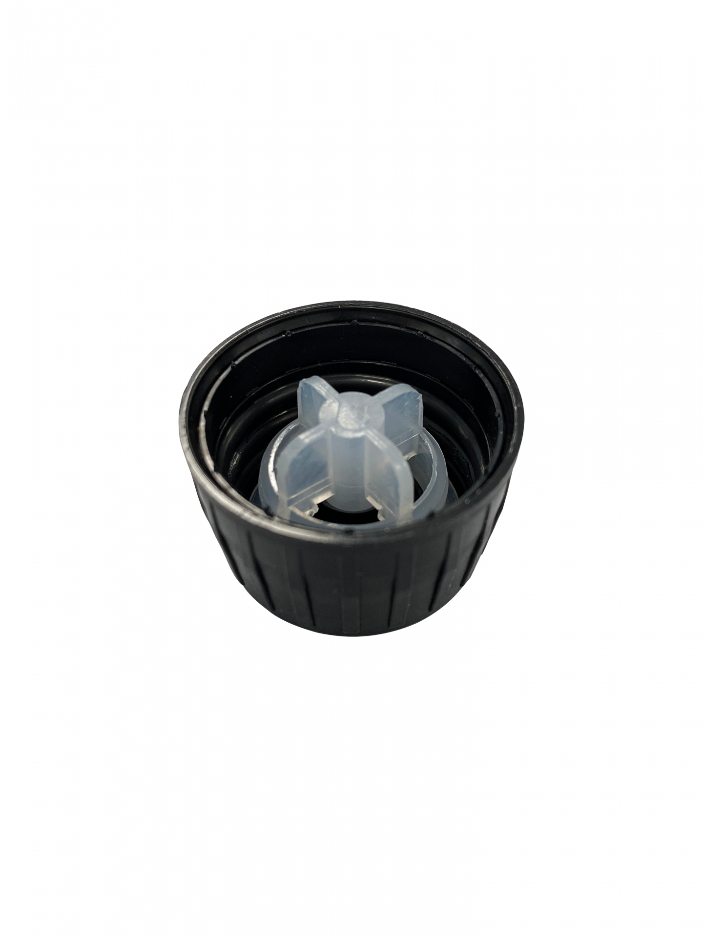 Screw cap tamper evident PP28, III, PP, black, ribbed, natural pourer PELD (Thyme)