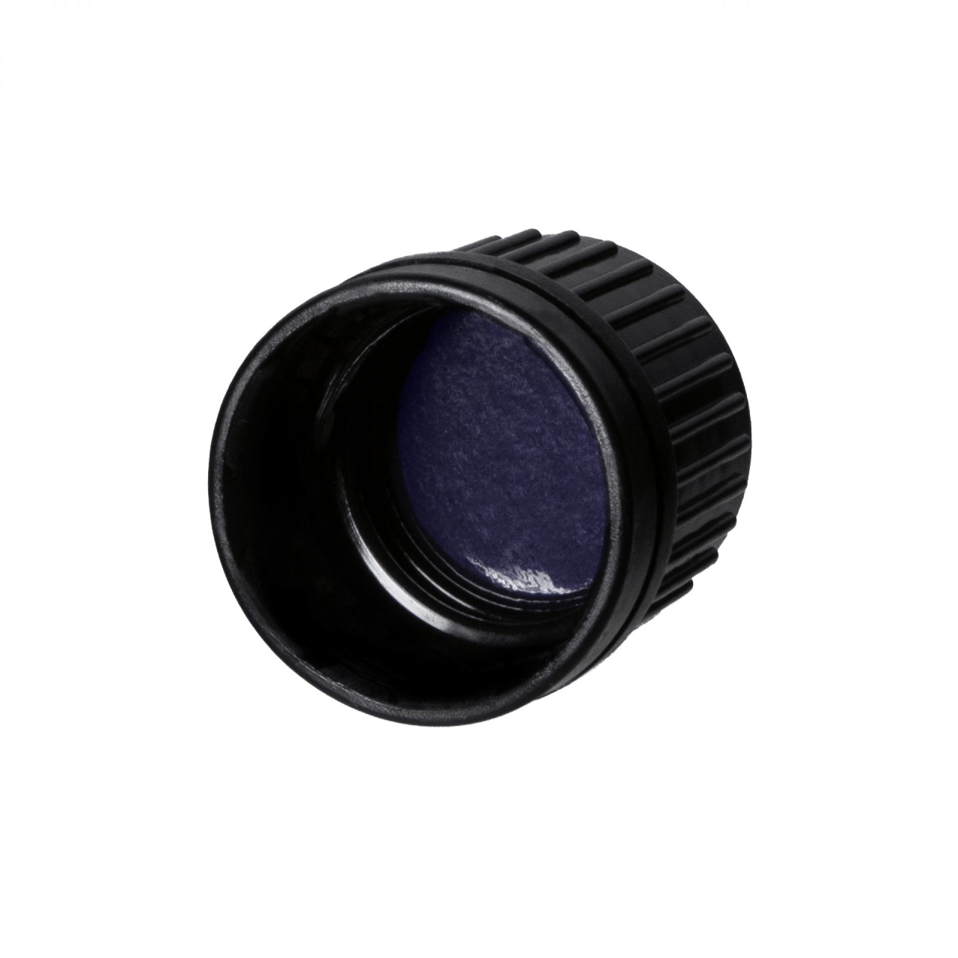 Screw cap series II, DIN18, tamper-evident, PEHD, black, ribbed with violet Phan inlay for dropper bottles