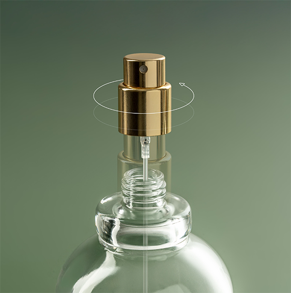 Calasos Refillable Glass Bottle with Spray Pump - Sustainable Packaging Close-up of a Calaso refillable glass bottle with a gold spray pump, highlighting sustainable and reusable packaging solutions.