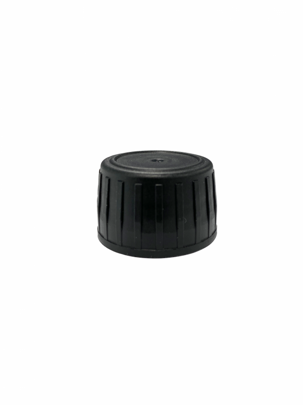 Screw cap tamper evident PP28, III, PP, black, ribbed, pourer PELD (Thyme)